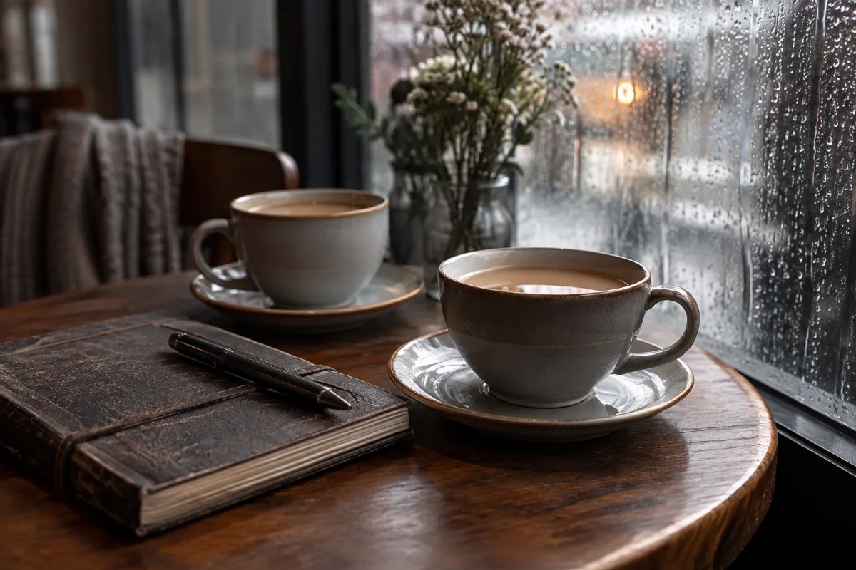 Two cups of tea and a notebook on a quiet cafe table.