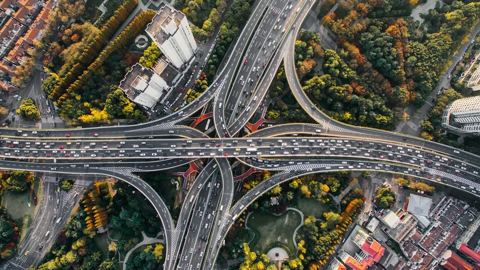 Aerial view of an interconnected road network