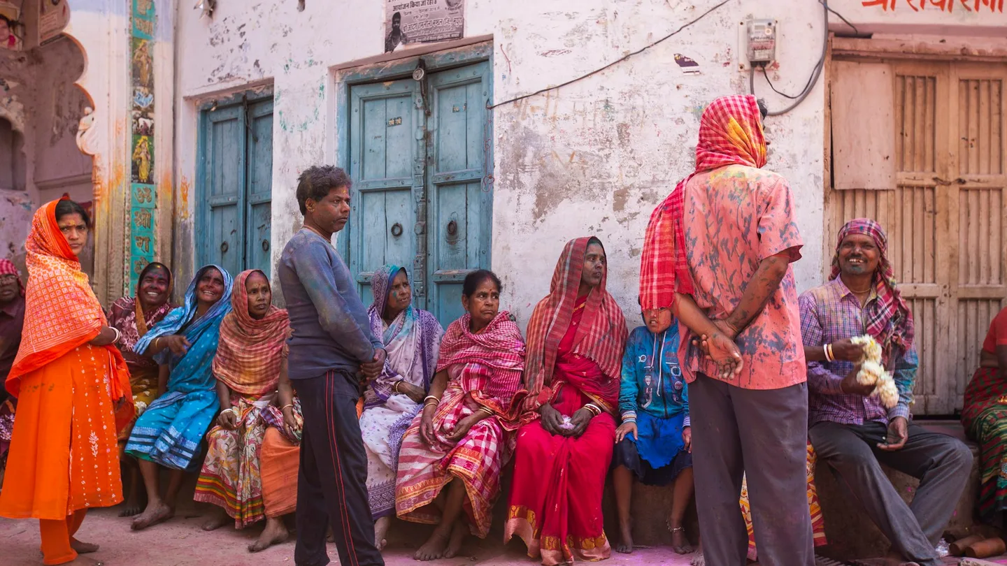 People gathered outside a building in India