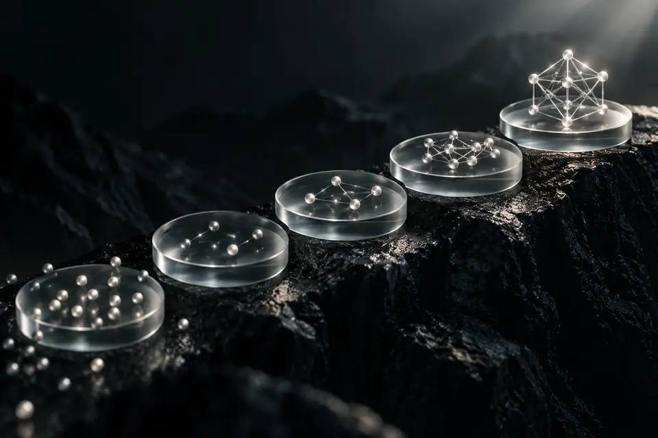 Scattered nodes become an ordered structure across a path of glass stepping stones.