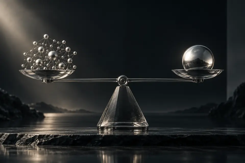 A smoked-glass balance weighs connected nodes against a polished silver sphere.