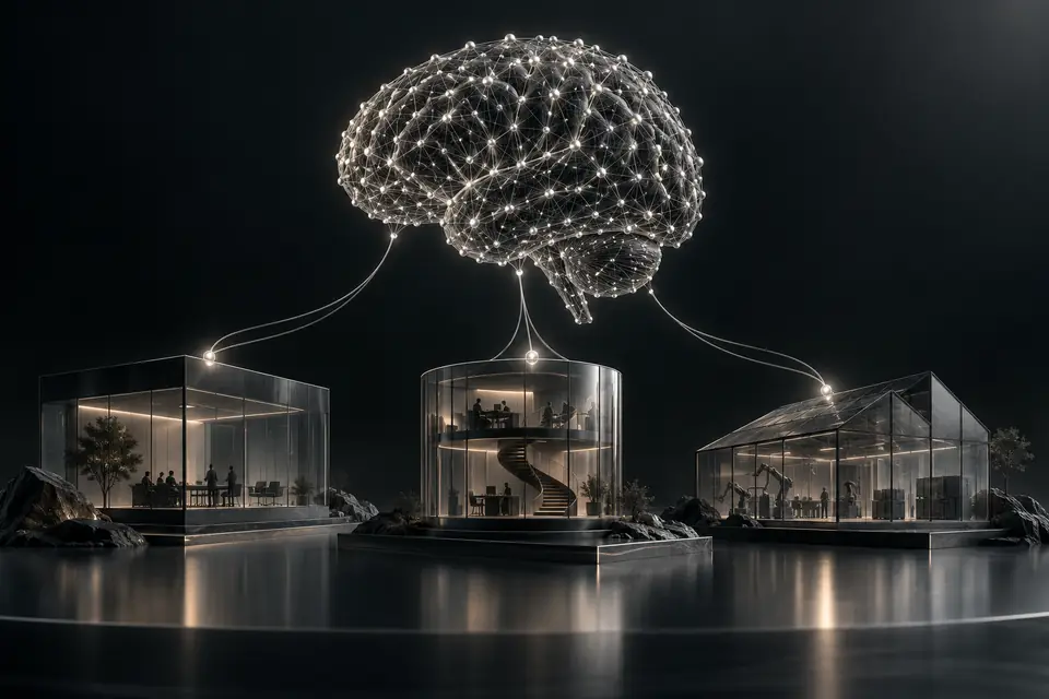 Silver connected nodes form a brain above smoked-glass structures.