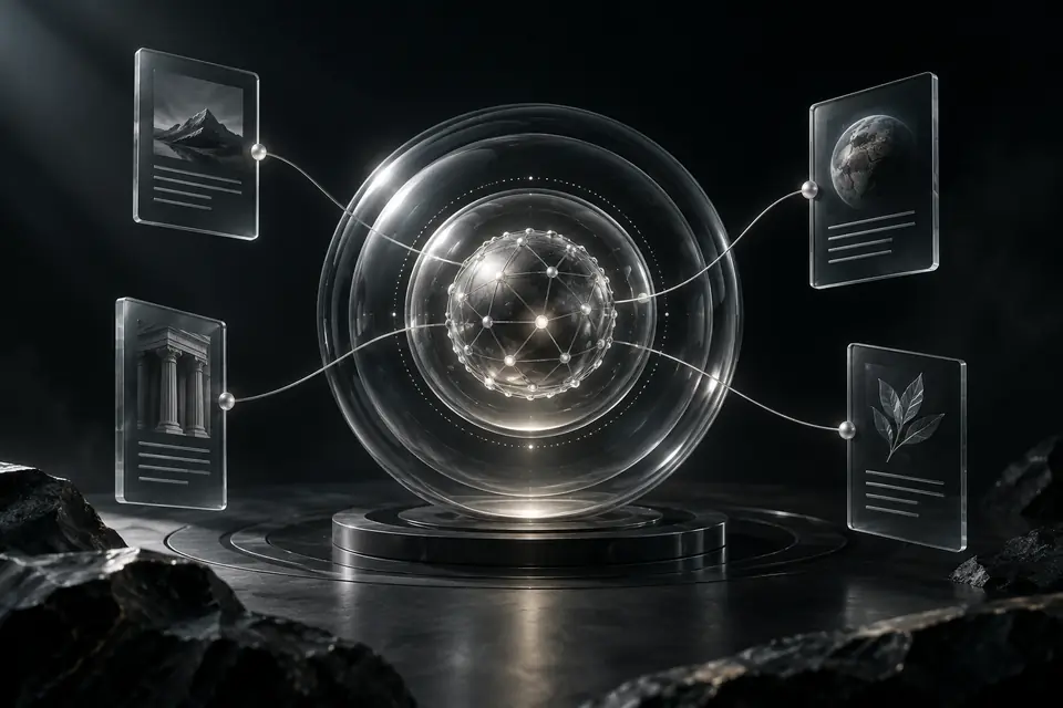 A silver node sphere protected by glass shells and connected to document-like slabs.