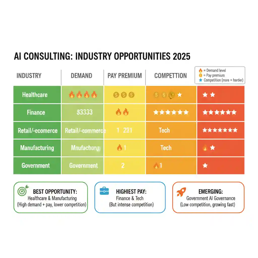 Industry opportunity heatmap for AI consultants showing demand, pay, and competition levels across healthcare, finance, retail, manufacturing, technology, and government sectors