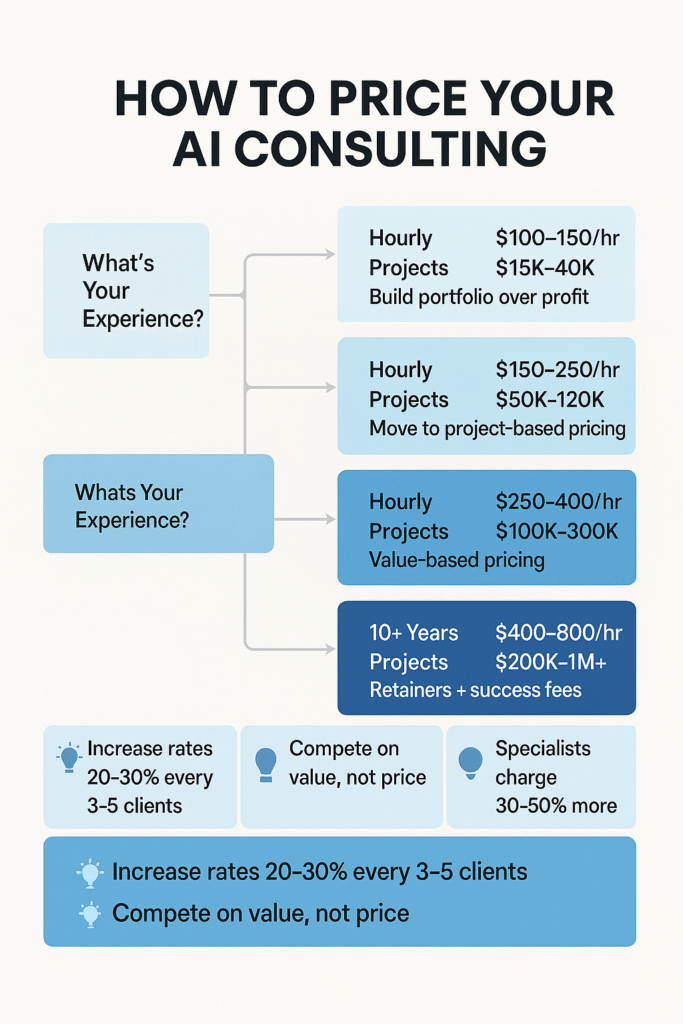 AI consultant pricing strategy decision tree showing recommended hourly rates and project fees based on experience level, from entry-level at $100-150/hour to expert at $400-800/hour