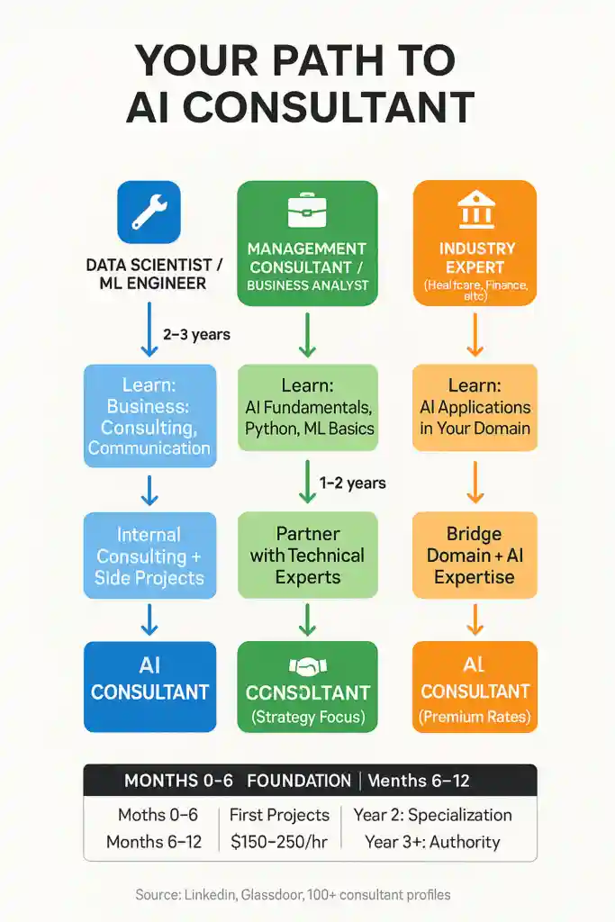 Step-by-step career roadmap showing three paths to becoming an AI consultant: from technical role (2-3 years), business background (1-2 years), or domain expertise (variable timeline)